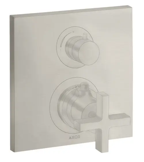 Thermostatunterputz mit Ab- und Umstellventil in Edelstahl-Optik von AXOR. Zwei Regler für Temperatur und Wasserfluss sind unter einer quadratischen Platte angeordnet.